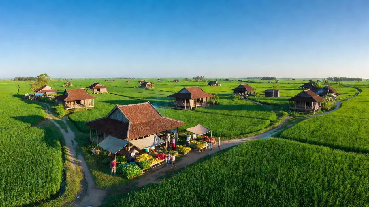 Khung cảnh Xã Phong Thạnh, Thị xã Giá Rai, Bạc Liêu với cánh đồng xanh và nhà truyền thống.