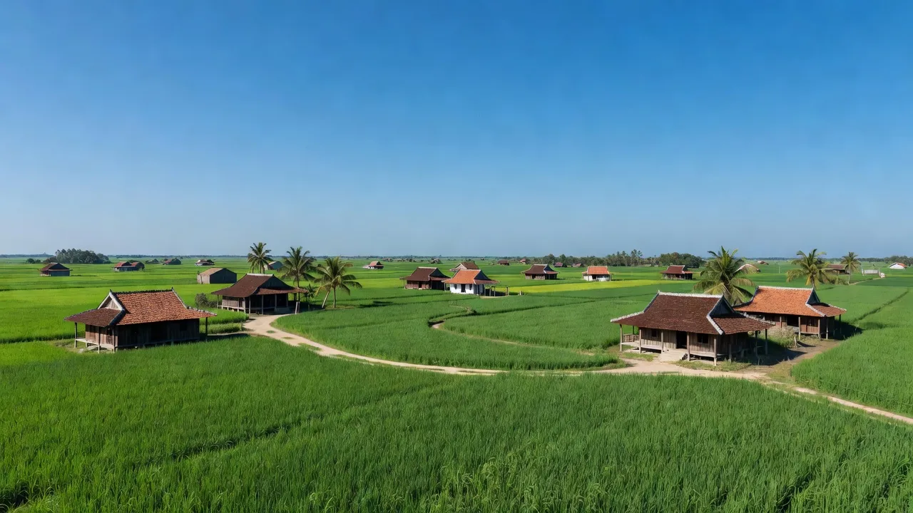 Khu vực Tân Phong, Thị xã Giá Rai với cánh đồng xanh mướt và nhà truyền thống, trời xanh trong.