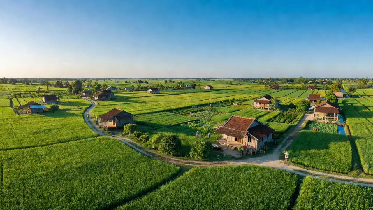 Landschaft von Xã Tân Phong, Giá Rai, Bạc Liêu mit Grünflächen, đặc trưng địa phương, và bầu trời xanh.