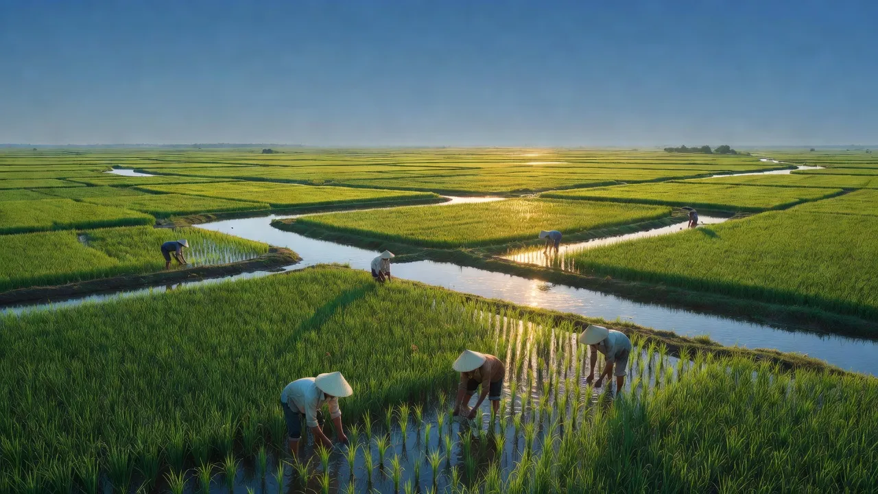 Khung cảnh huyện Hòa Bình, Bạc Liêu với cánh đồng xanh, sông ngòi và người dân làm việc.