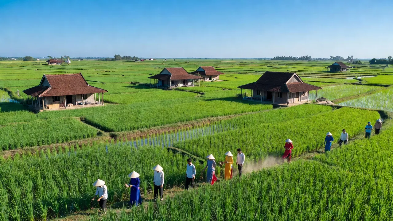 Cảnh quan xã Minh Diệu, huyện Hòa Bình, tỉnh Bạc Liêu với cánh đồng và nhà truyền thống