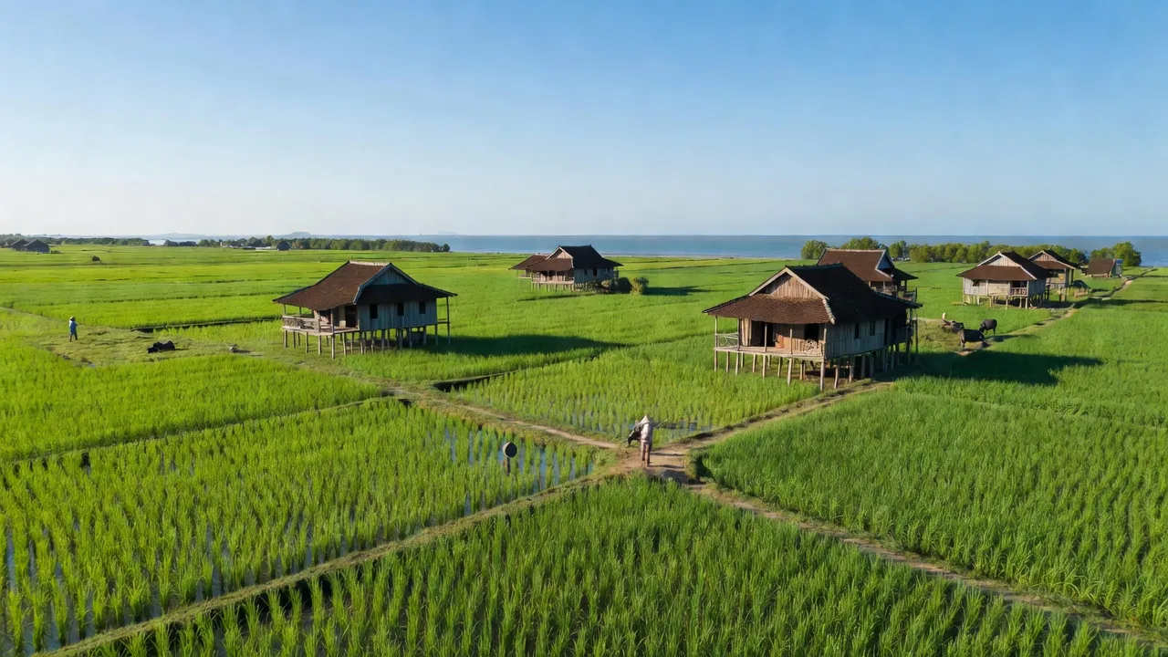 Cảnh đẹp xã Vĩnh Bình, Huyện Hòa Bình, Tỉnh Bạc Liêu với cánh đồng xanh tươi và nhà truyền thống.