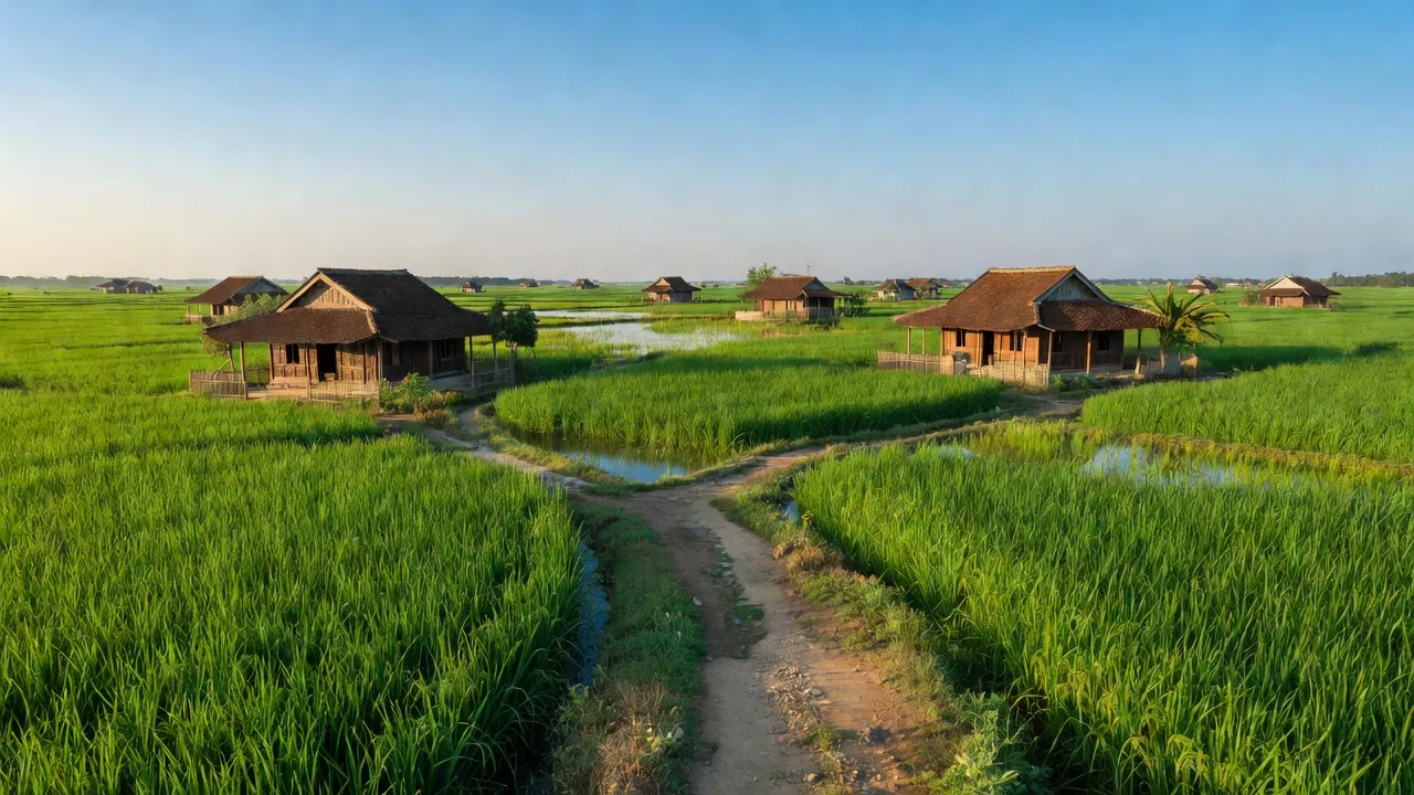 Khung cảnh nông thôn xã Vĩnh Bình, huyện Hòa Bình, tỉnh Bạc Liêu với ruộng lúa xanh tươi.