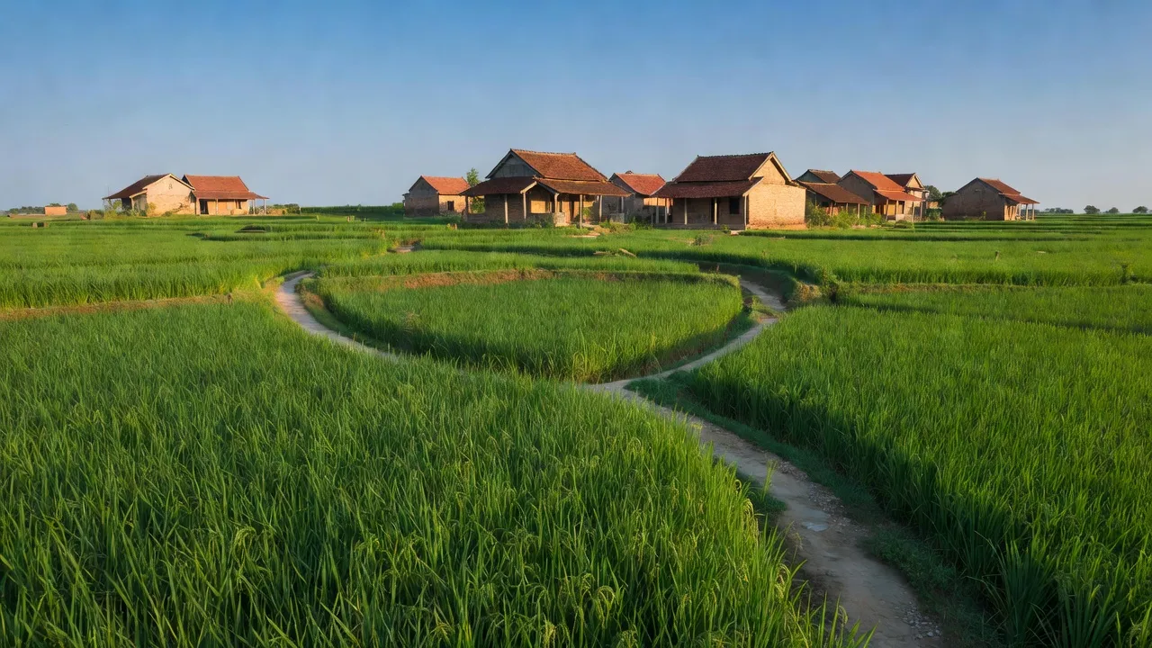 Khung cảnh xanh tươi xã Vĩnh Hậu A, Huyện Hoà Bình, Tỉnh Bạc Liêu với ruộng lúa và nhà truyền thống.