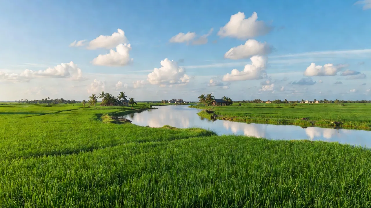 Khung cảnh đồng xanh xã Vĩnh Hậu, huyện Hòa Bình, tỉnh Bạc Liêu với ruộng lúa và sông.