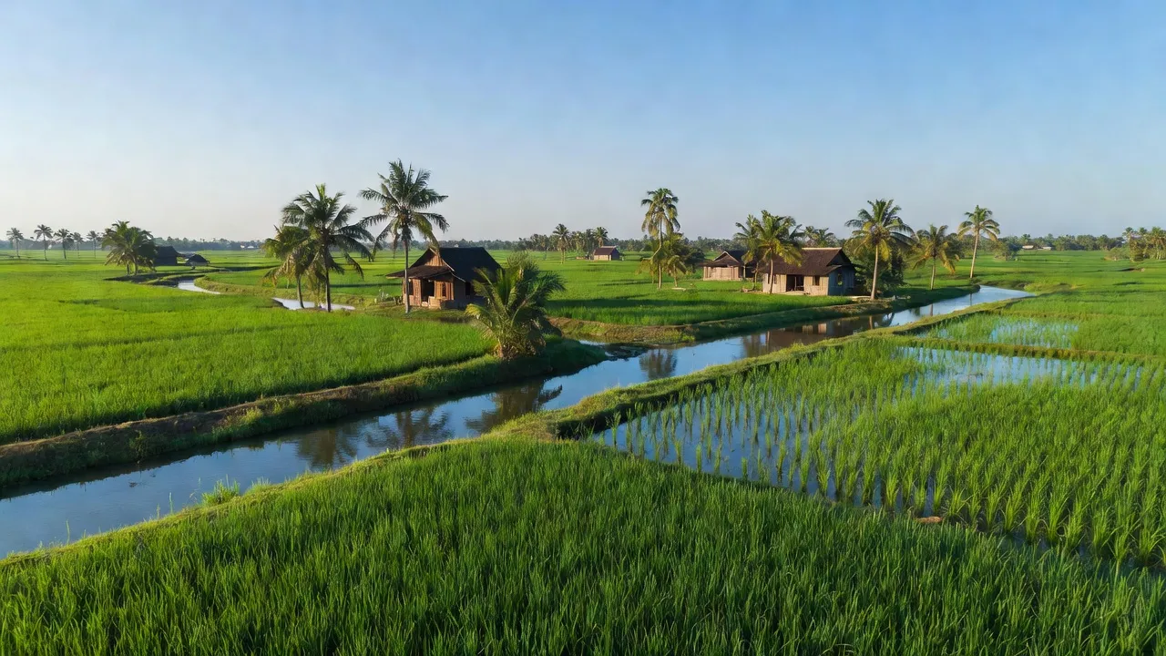 Cảnh đồng quê Xã Vĩnh Mỹ A, huyện Hoà Bình, Bạc Liêu với cánh đồng xanh và kênh nước.