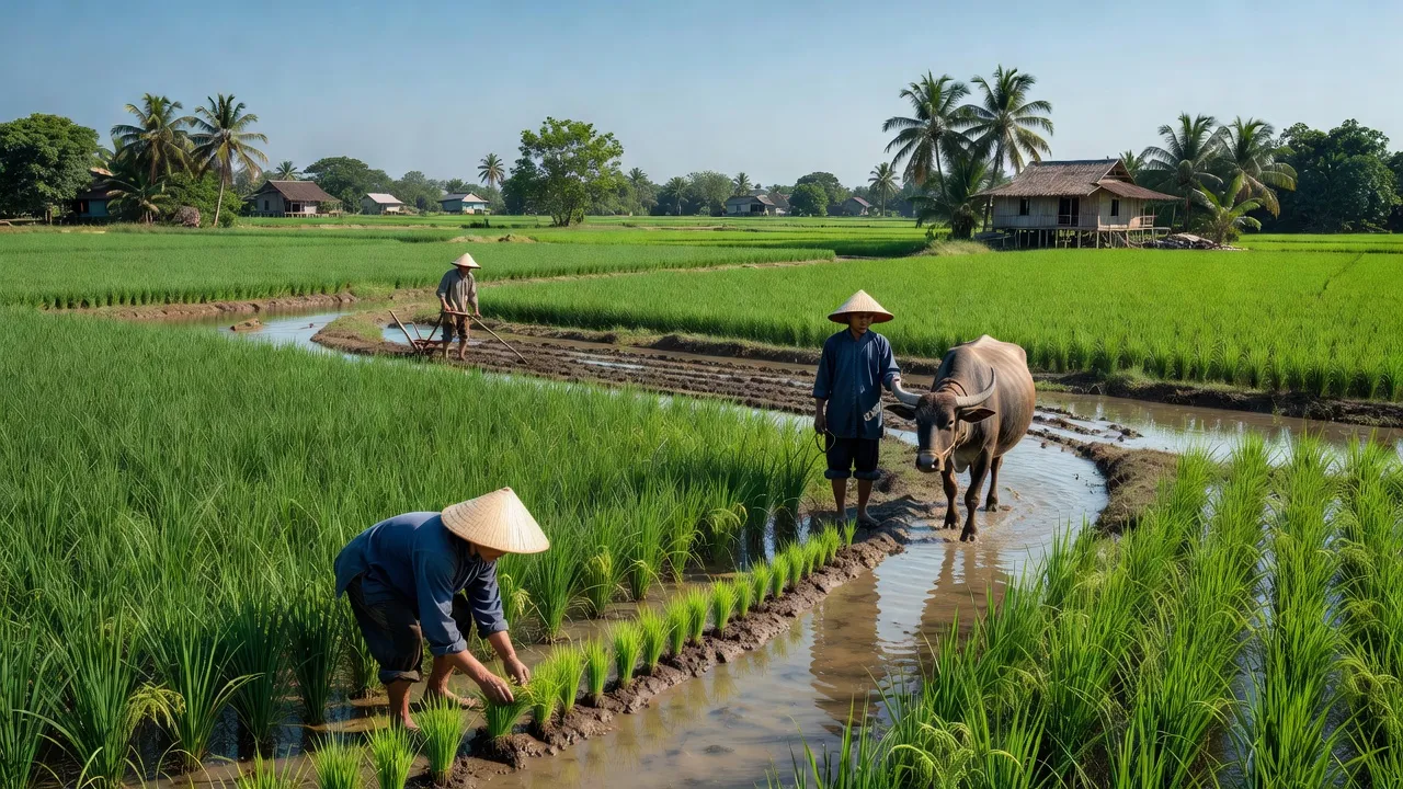 Khung cảnh nông thôn Xã Vĩnh Mỹ A, Hoà Bình, Bạc Liêu với đồng lúa xanh và kênh nước.
