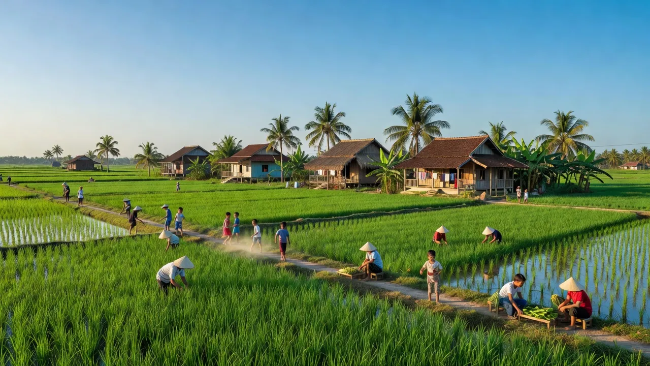 Khung cảnh làng Vĩnh Mỹ B, Huyện Hòa Bình, Bạc Liêu với ruộng lúa và hoạt động cộng đồng.