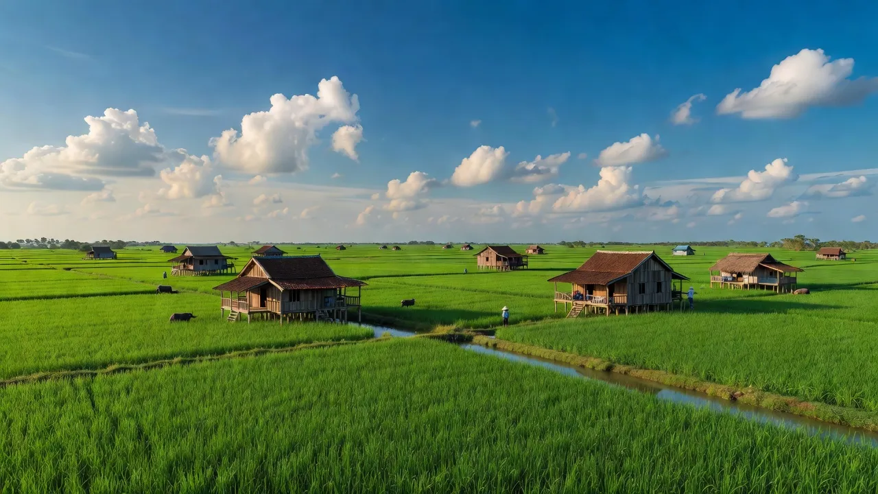 Cảnh đẹp Huyện Hồng Dân, tỉnh Bạc Liêu với cánh đồng xanh và nhà truyền thống, văn hóa miền Tây.