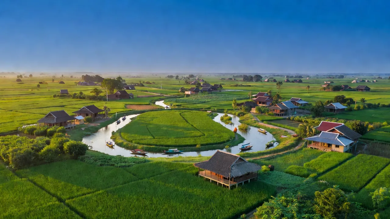 Huyện Hồng Dân, Bạc Liêu: lush fields, traditional houses, river, clear blue sky.