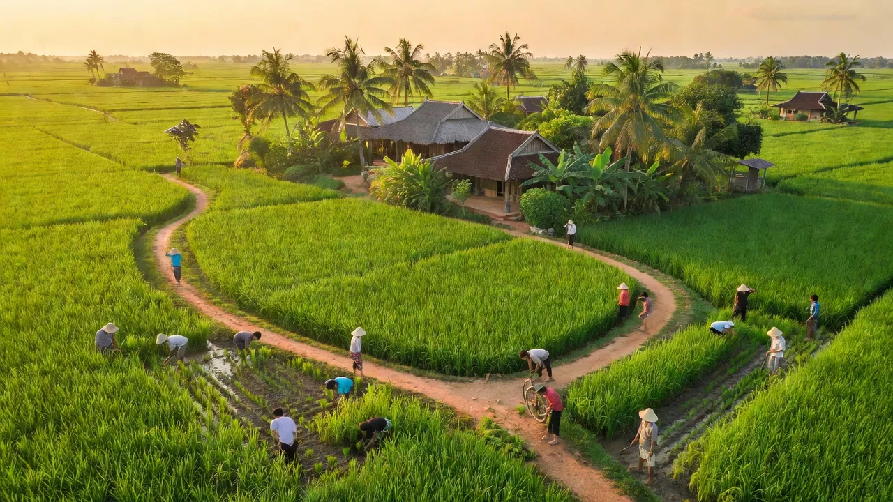 Cánh đồng xanh mướt tại xã Lộc Ninh, huyện Hồng Dân, tỉnh Bạc Liêu với nông dân chăm sóc lúa.