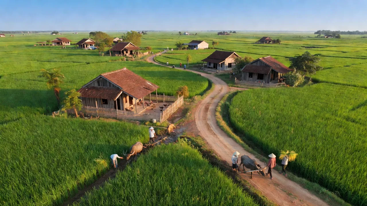 Cảnh quan xã Lộc Ninh, huyện Hồng Dân, tỉnh Bạc Liêu với đồng ruộng xanh tươi và đường nông thôn.