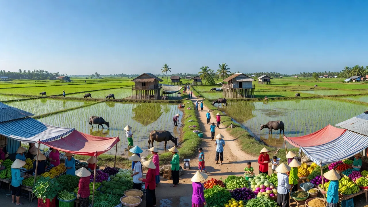 Thị trấn Ngan Dừa, Huyện Hồng Dân, Bạc Liêu với cảnh quan nông nghiệp và chợ địa phương sôi động.