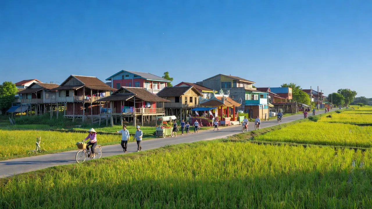 Thị trấn Ngan Dừa, Huyện Hồng Dân, Tỉnh Bạc Liêu với cánh đồng xanh và cuộc sống nhộn nhịp.