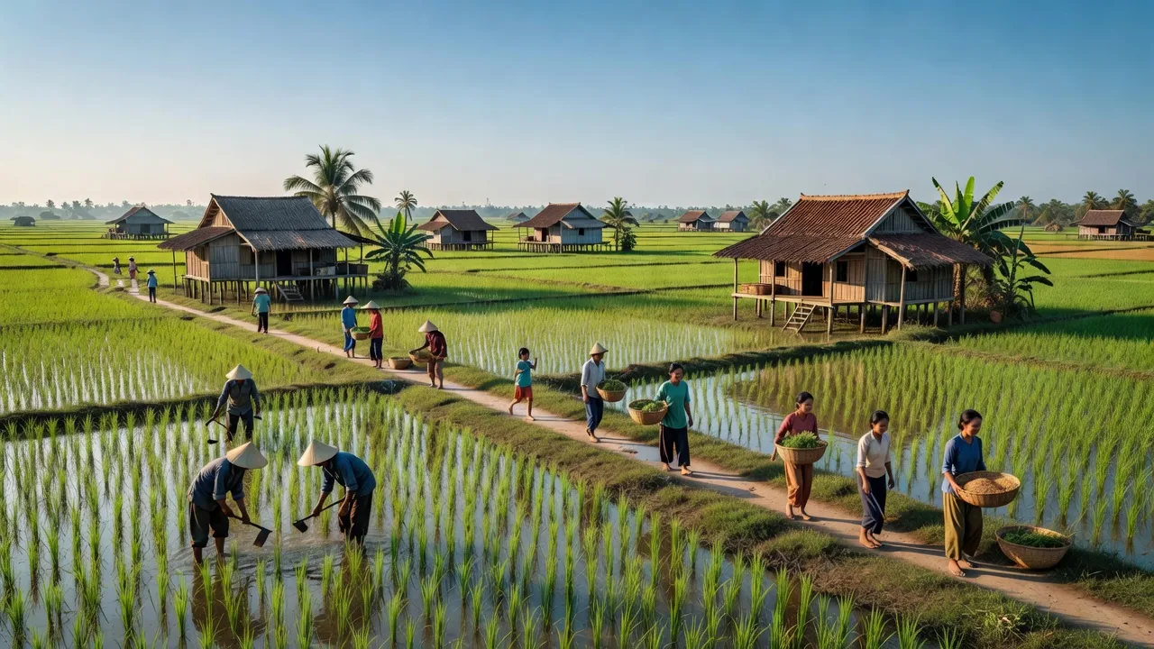 Cảnh đồng lúa và nhà truyền thống ở xã Ninh Hòa, huyện Hồng Dân, Bạc Liêu, phản ánh đời sống nông thôn.