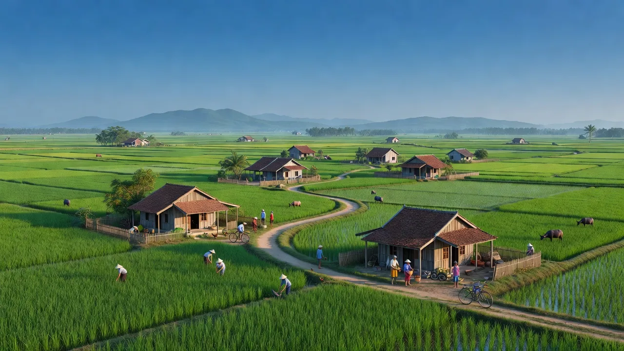 Cảnh quan xã Ninh Hòa, huyện Hồng Dân, tỉnh Bạc Liêu với cánh đồng xanh mướt và nhà truyền thống.