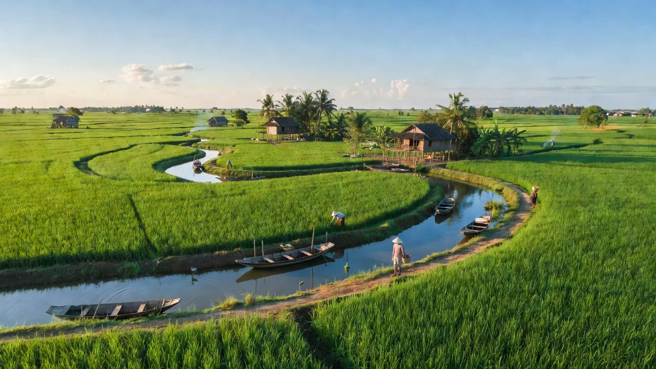 Cánh đồng xanh và sông rạch ở Ninh Quới A, Huyện Hồng Dân, Bạc Liêu, cuộc sống nông thôn yên bình.