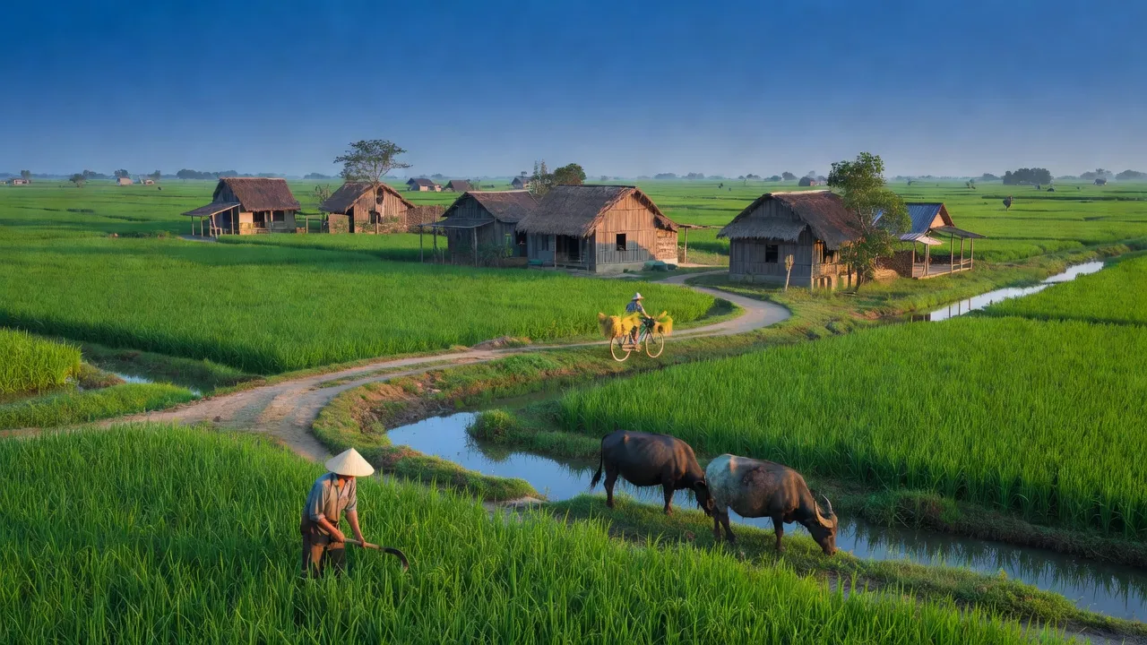 Cảnh đẹp xã Ninh Quới, huyện Hồng Dân, tỉnh Bạc Liêu với cánh đồng xanh và nhà truyền thống.