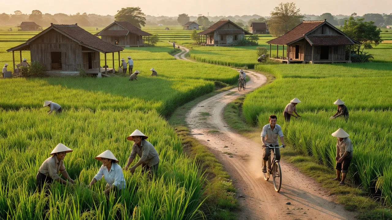 Khung cảnh nông thôn Ninh Thạnh Lợi A, Bạc Liêu với cánh đồng xanh và nhà truyền thống Việt Nam.