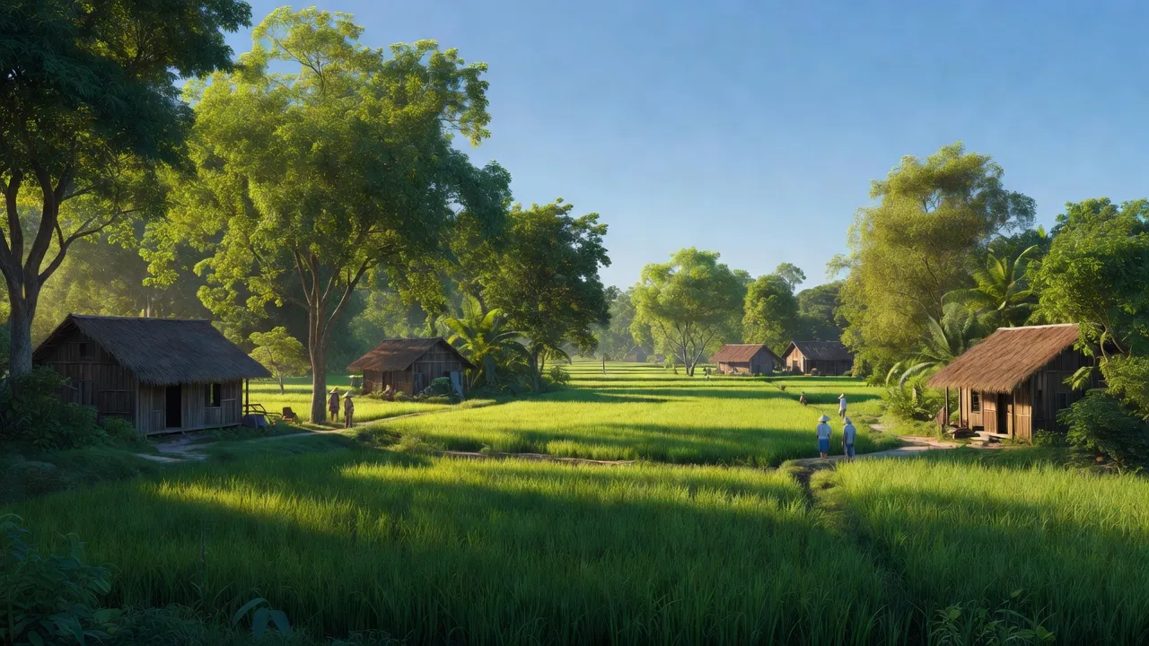 Cảnh nông thôn Ninh Thạnh Lợi, huyện Hồng Dân, Bạc Liêu với cánh đồng và nhà cửa truyền thống.