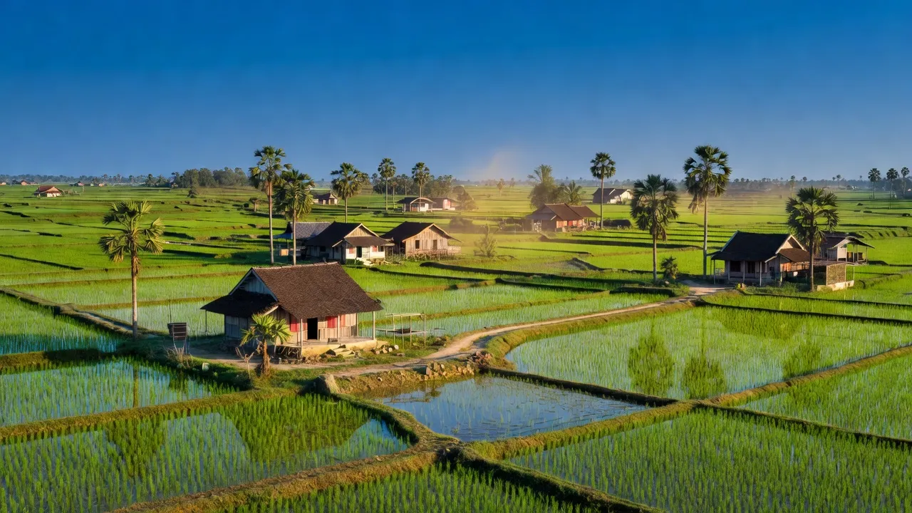 Quang cảnh nông thôn Ninh Thạnh Lợi, huyện Hồng Dân, tỉnh Bạc Liêu với cánh đồng xanh và trời trong.