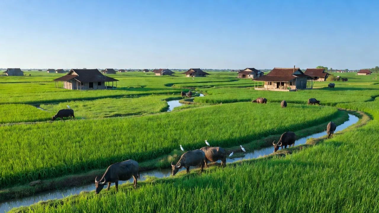 Khung cảnh Vĩnh Lộc, Huyện Hồng Dân, Bạc Liêu với cánh đồng xanh và kênh rạch yên bình.