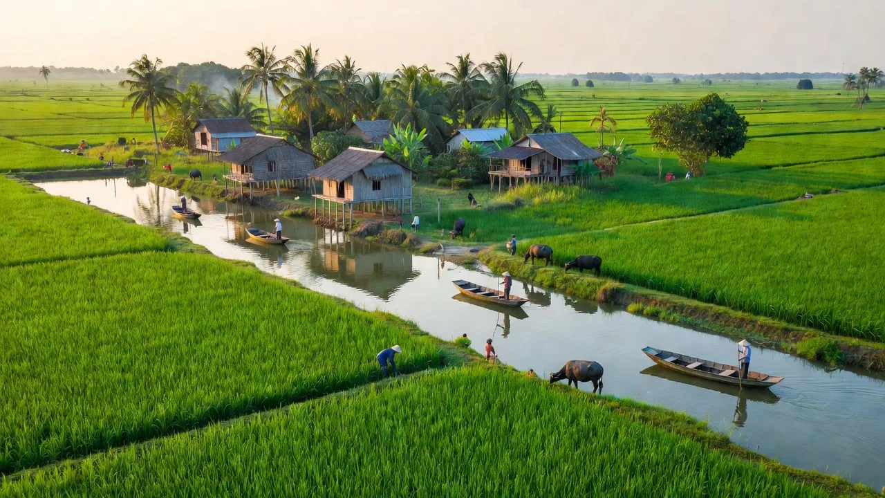Vĩnh Lộc village in Hồng Dân district, Bạc Liêu with serene rice fields and peaceful rural scenery.