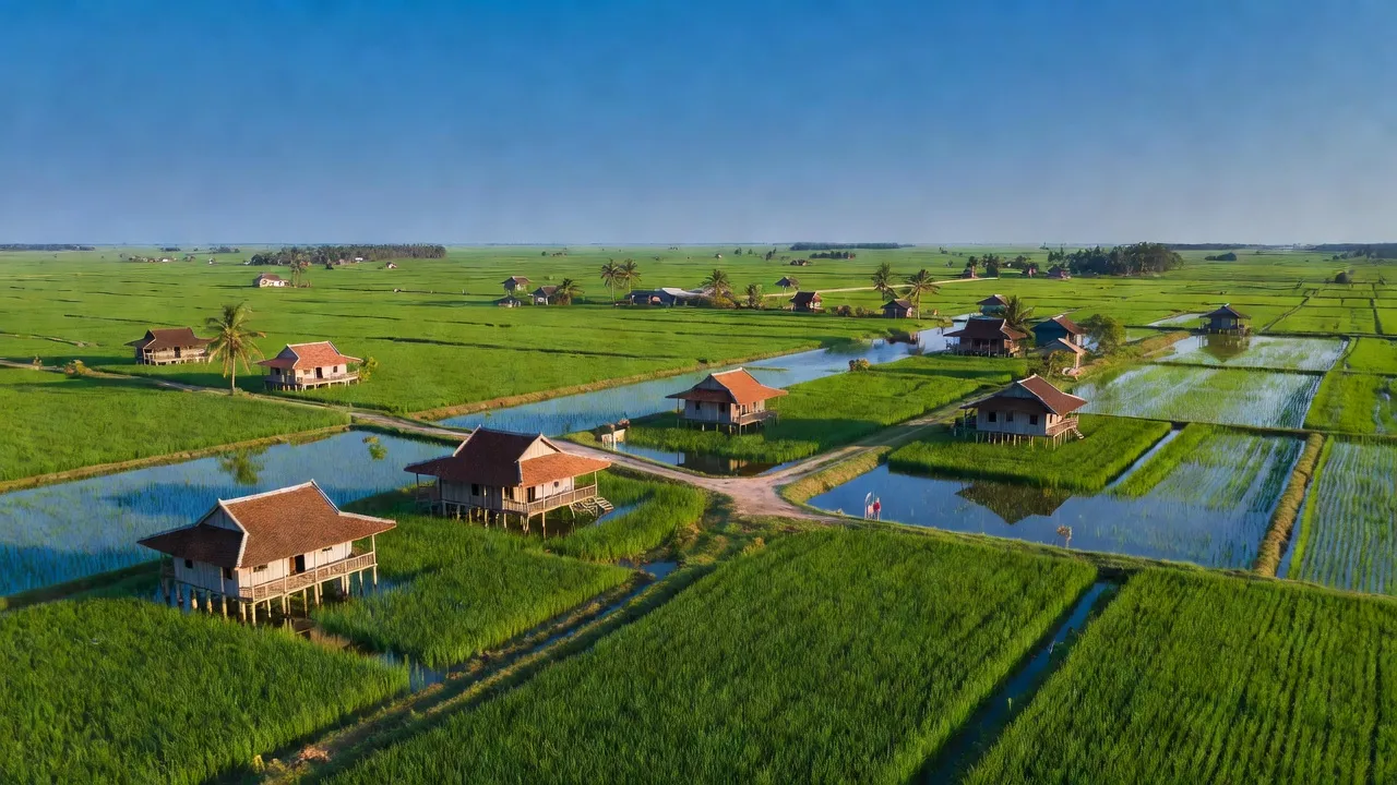 Cảnh đẹp huyện Phước Long, tỉnh Bạc Liêu với cánh đồng xanh mướt và nhà truyền thống.