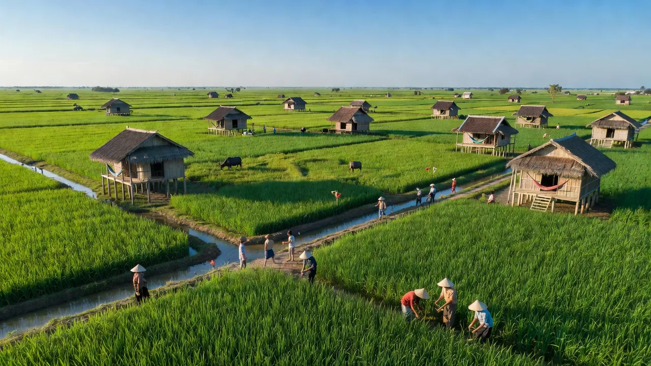 Cảnh quan huyện Phước Long, tỉnh Bạc Liêu với cảnh đồng ruộng xanh tươi và nhà truyền thống.