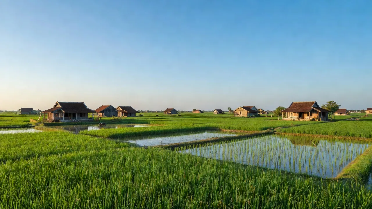 Cảnh đồng quê xã Hưng Phú, huyện Phước Long, tỉnh Bạc Liêu với cánh đồng lúa và nhà truyền thống.