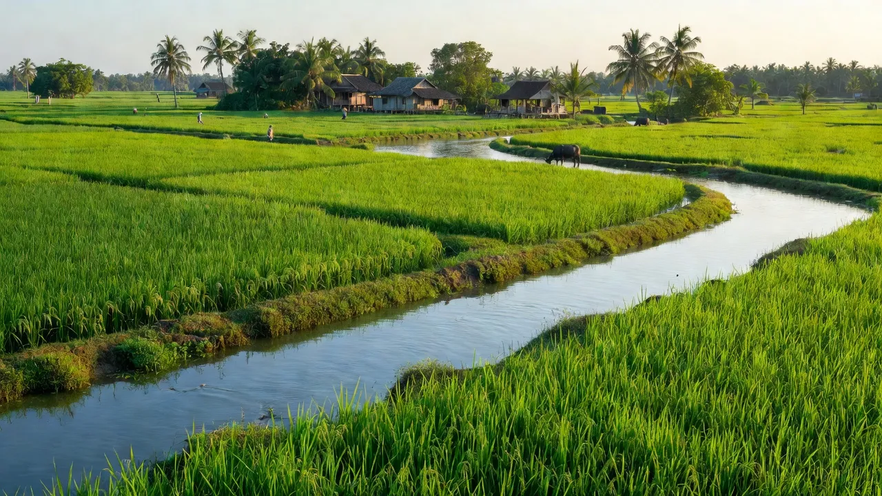 Phong Thạnh Tây A, huyện Phước Long, Bạc Liêu, cảnh đồng ruộng và kênh rạch yên bình với nắng sáng.