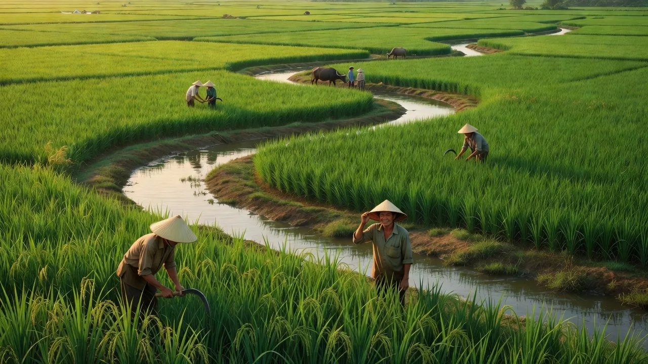 Cảnh đẹp xã Phong Thạnh Tây B, huyện Phước Long, tỉnh Bạc Liêu với cánh đồng lúa và kênh rạch.
