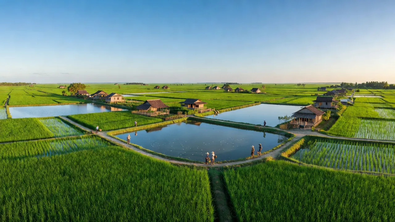 Phong Thạnh Tây B, Phước Long, Bạc Liêu with rice fields and aquaculture ponds in a serene landscape.