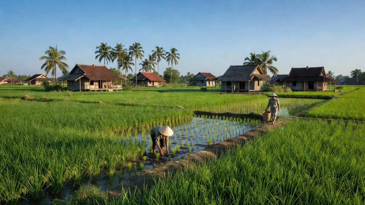 Khung cảnh nông thôn Vĩnh Phú Đông, huyện Phước Long, tỉnh Bạc Liêu với cánh đồng xanh mướt.