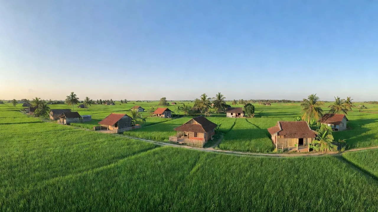 Khung cảnh tĩnh lặng ở xã Vĩnh Phú Đông, huyện Phước Long, Bạc Liêu với ruộng xanh và nhà nông thôn.