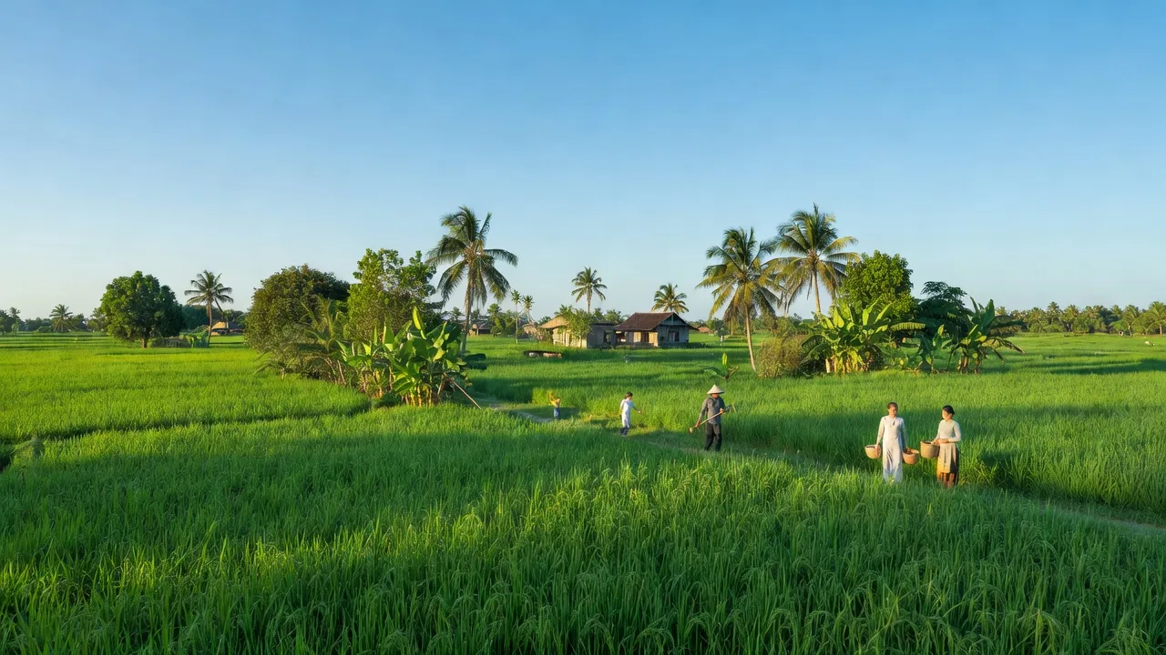 Cảnh quan nông thôn xã Vĩnh Phú Tây, huyện Phước Long, tỉnh Bạc Liêu với đồng cỏ và cây xanh.