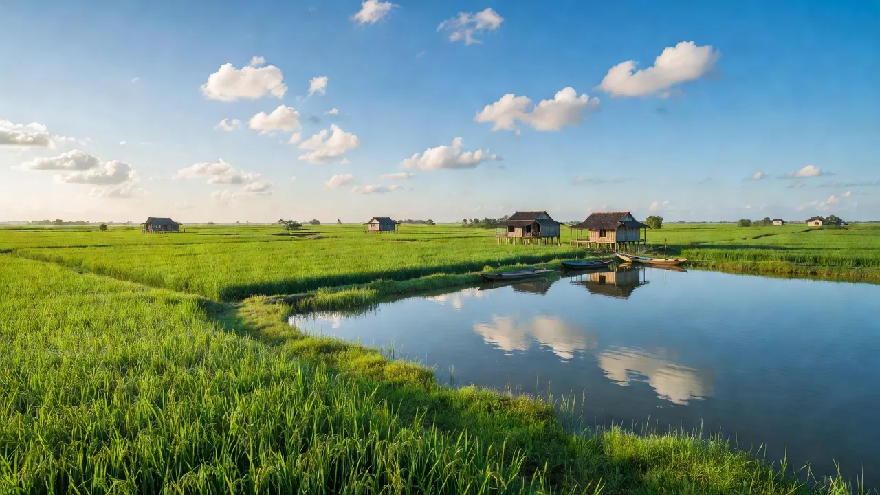 Cánh đồng lúa và ao nuôi thủy sản ở xã Vĩnh Thanh, huyện Phước Long, tỉnh Bạc Liêu, Việt Nam.