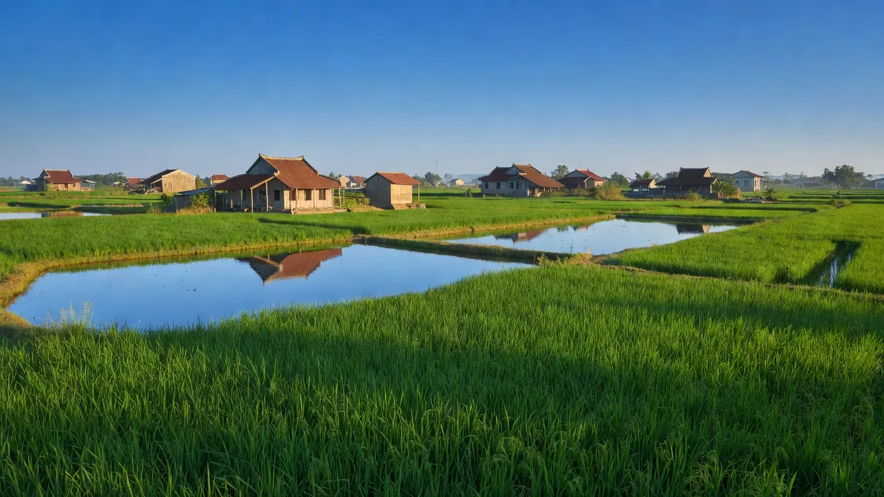 Cảnh quan Xã Vĩnh Thanh, huyện Phước Long, Bạc Liêu với đồng lúa và ao nuôi trồng thủy sản.