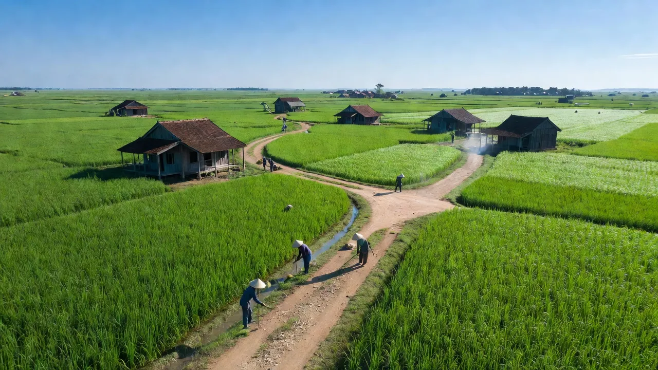 Vĩnh Lợi, Bạc Liêu district scenery with rice fields, local houses, and blue sky.