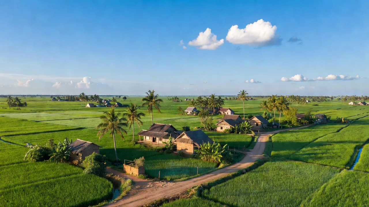 Khung cảnh xã Châu Hưng A huyện Vĩnh Lợi Bạc Liêu với cánh đồng xanh mát và nhà cửa địa phương.