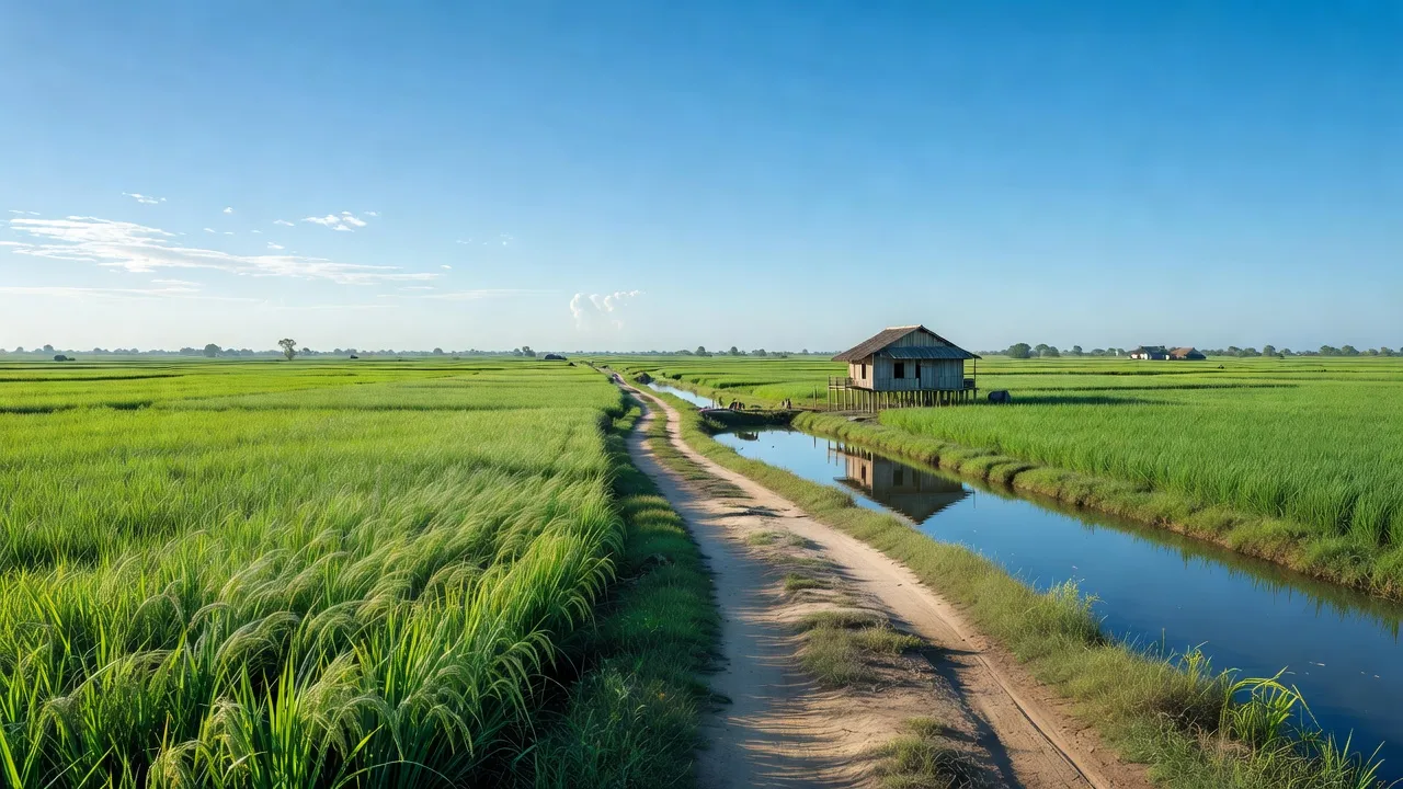 Phong cảnh xã Châu Hưng A, huyện Vĩnh Lợi, tỉnh Bạc Liêu với đồng xanh và đường nông thôn.