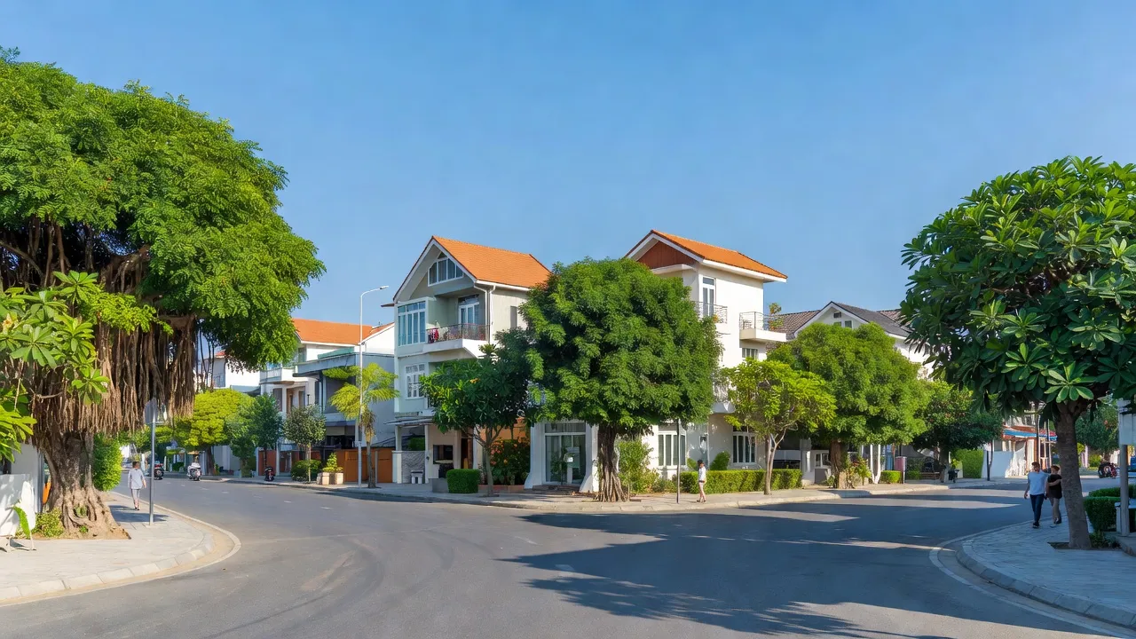 Khung cảnh thị trấn Châu Hưng, trung tâm huyện Vĩnh Lợi, tỉnh Bạc Liêu với đường phố và cây xanh.