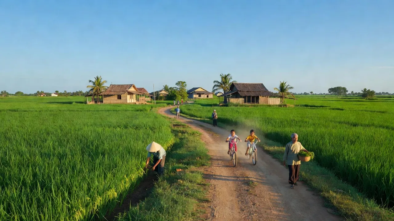 Cảnh sắc xã Châu Thới, huyện Vĩnh Lợi, Bạc Liêu với đồng ruộng xanh và bầu trời trong.