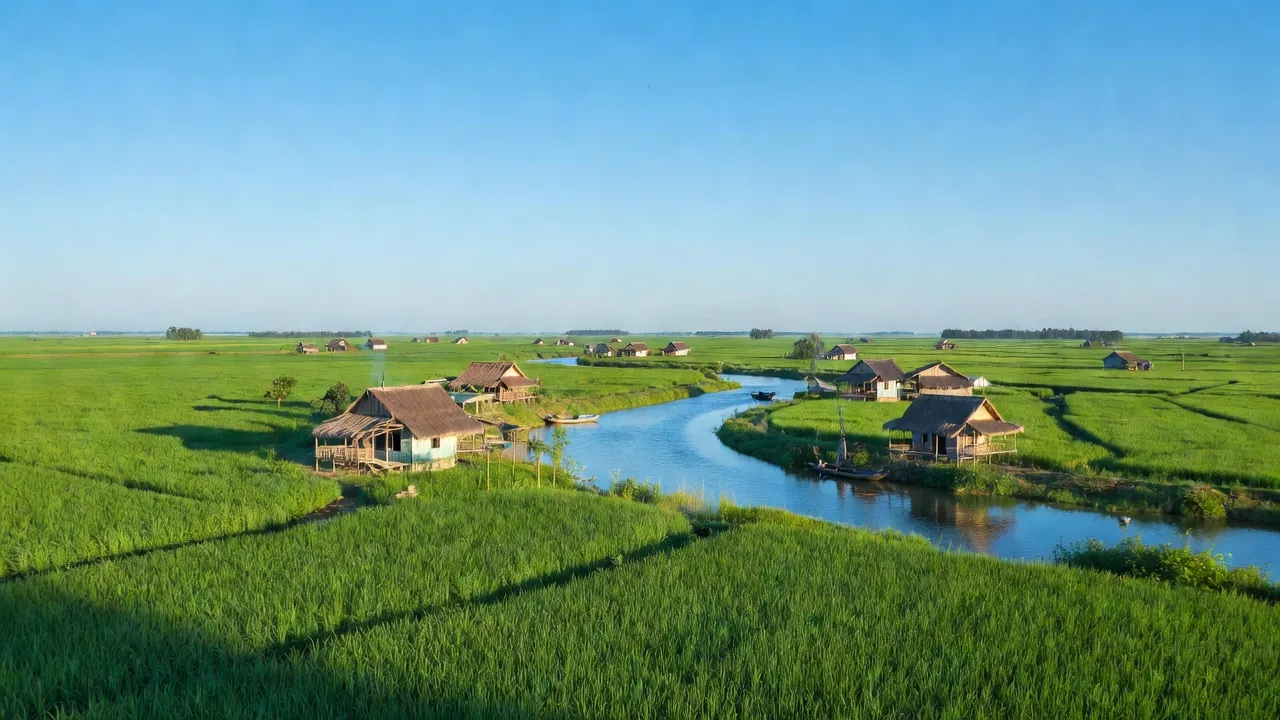 Cảnh sắc nông thôn xã Hưng Hội, huyện Vĩnh Lợi, Bạc Liêu với cánh đồng và nhà ở.