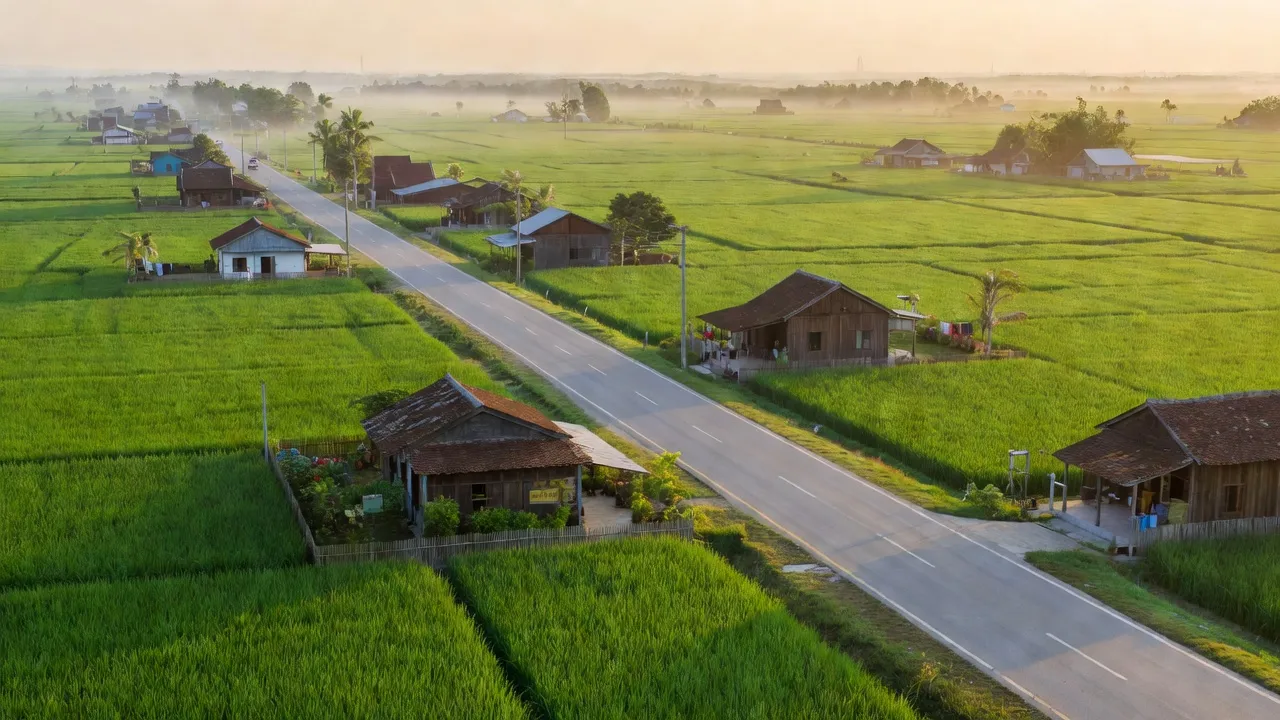 Khung cảnh xã Hưng Thành, huyện Vĩnh Lợi, tỉnh Bạc Liêu với cánh đồng xanh và quốc lộ 1A.