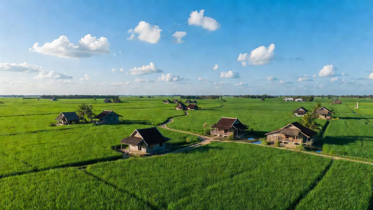 Khung cảnh xanh tươi của Xã Long Thạnh, huyện Vĩnh Lợi, tỉnh Bạc Liêu với cánh đồng lúa và nhà truyền thống.