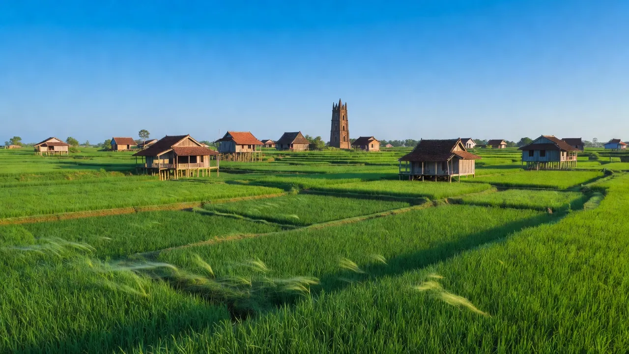 Cảnh quan yên bình xã Vĩnh Hưng A, huyện Vĩnh Lợi, tỉnh Bạc Liêu, với ruộng xanh và tháp Vĩnh Hưng.