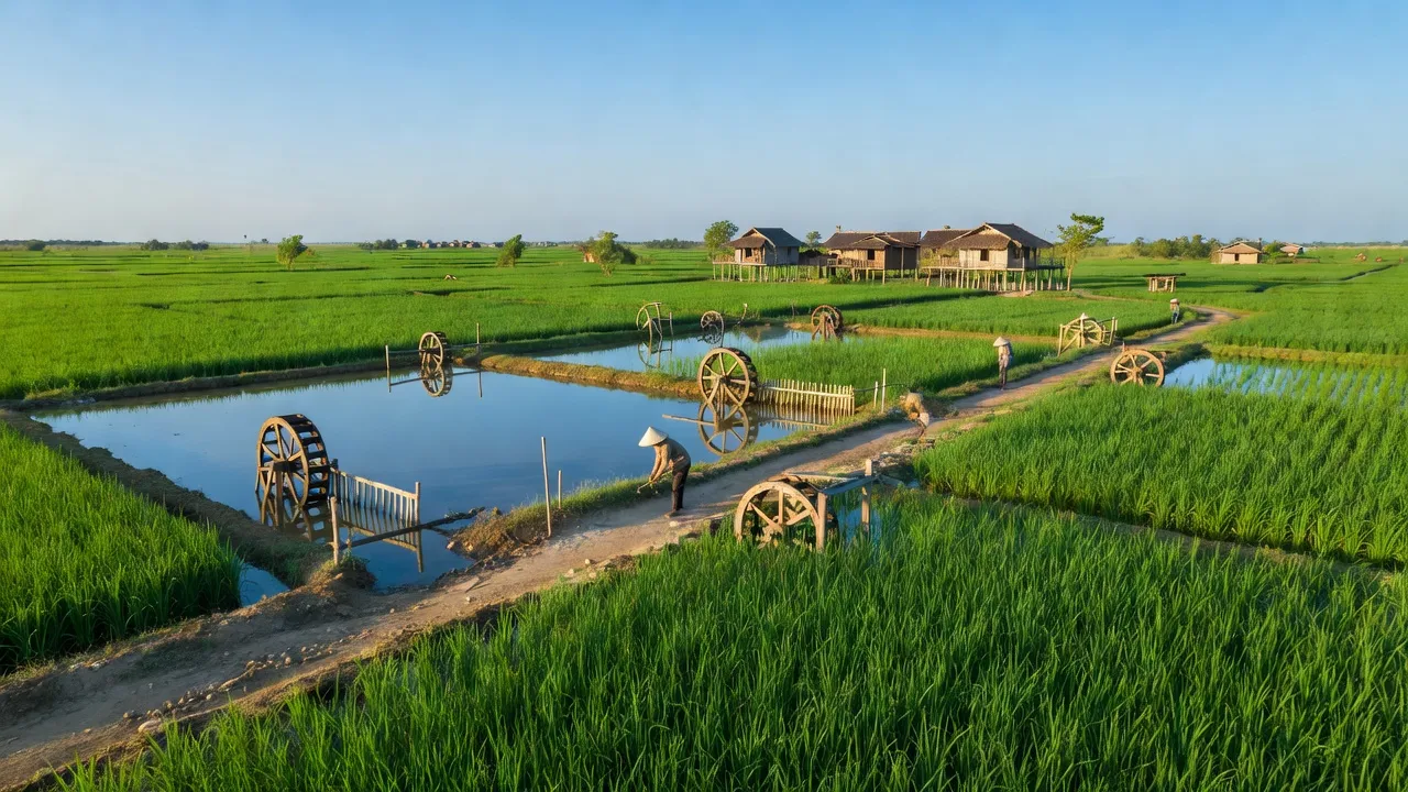 Cảnh quan xã Vĩnh Hưng, huyện Vĩnh Lợi, tỉnh Bạc Liêu với đồng lúa xanh và ao nuôi thủy sản.