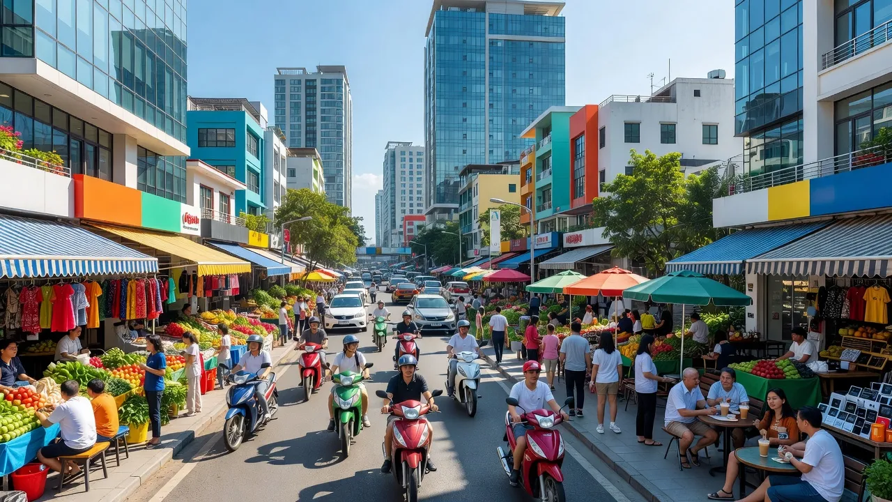 Khung cảnh thành phố Bắc Ninh với các tòa nhà hiện đại và thị trường nhộn nhịp.