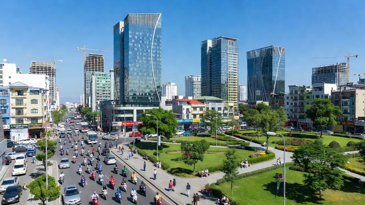 Toàn cảnh thành phố Bắc Ninh, hiện đại với nhà cao tầng, đường phố sôi động và công viên xanh tươi.